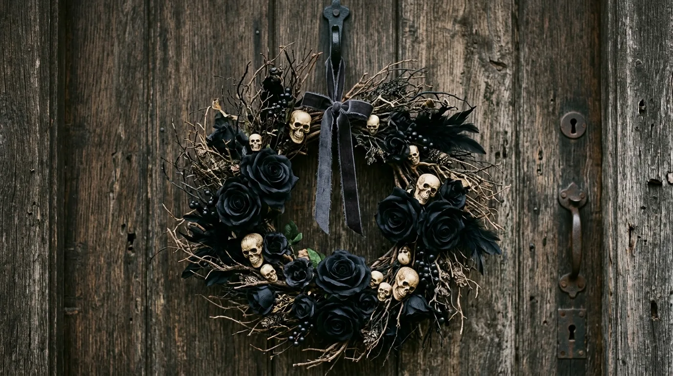 Use black accents to sharpen the entrance inspiration for a Halloween front door entrance.
